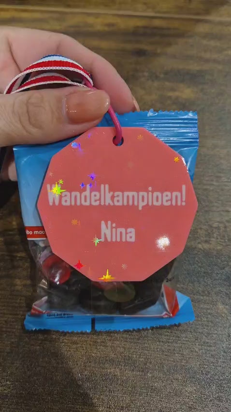 Gepersonaliseerd medaille Wandelkampioen met snoepzakje
